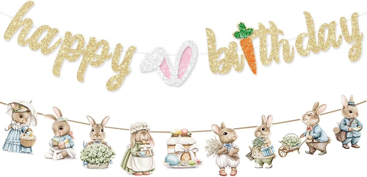 Easter Bunny Happy Birthday Decorations Banner Glitter Gold Rabbit Party Theme Banner for Spring Kids Boy Girl Baby Shower Supplies