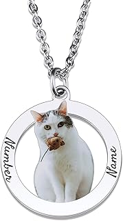 OTXIXTO Personalized Photo Necklace Custom Cat Dog Pet Portrait Picture and Name Pendant Necklace Pet Memorial Gift for Pet Lover (2 Names, Round-Frame)