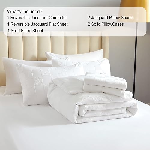 Miniatura 3 de BESTCHIC Juego de edredón de 7 piezas con cuadrícula en una bolsa, juego de edredón de cuadros blancos tamaño King, edredón bordado Shabby Chic