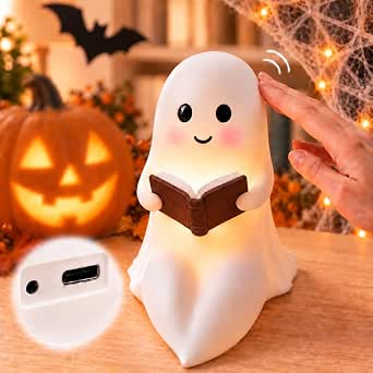 Cute Ghost Reading Book Lamp, 3D Resin Halloween Night Light (Rechargeable)