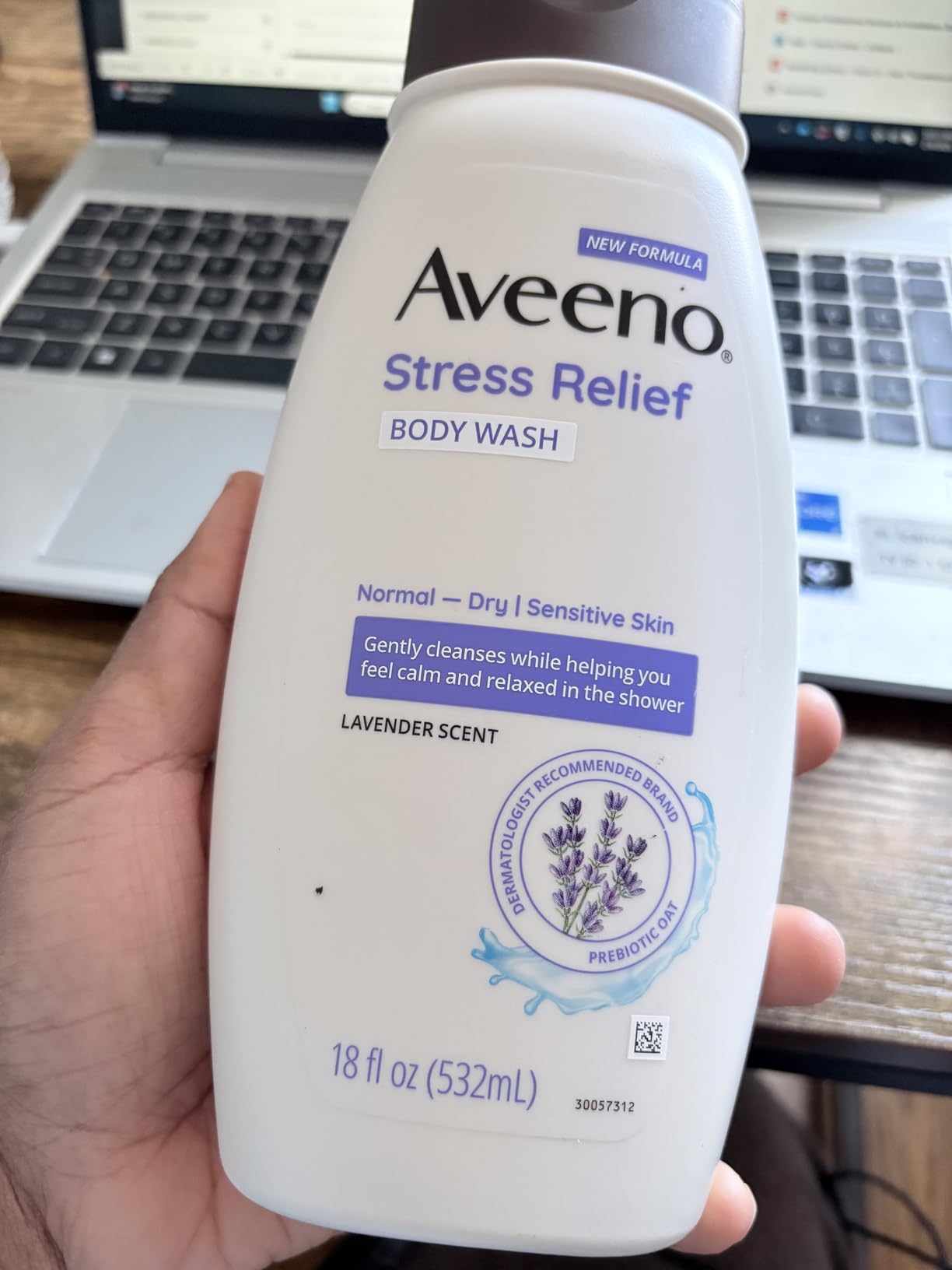 Kenvue Aveeno Stress Relief Body Wash with Nourishing Oat & Lavender Scent for Sensitive Skin, Gently Cleanses & Helps You Feel Calm & Relaxed in the Shower, Soap-Free, 18 fl. oz