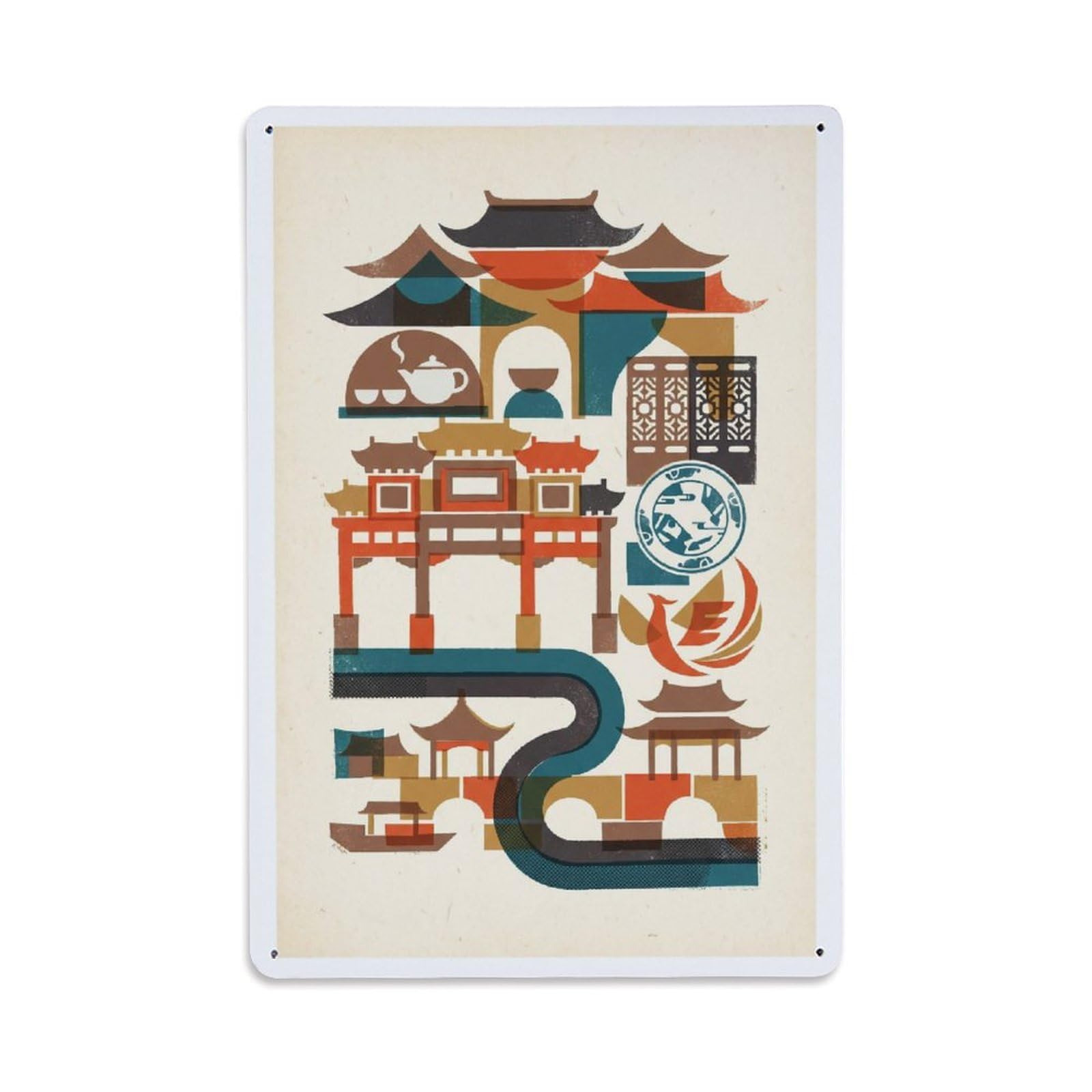 Okngb Style China Chaozhou Illustration Travel Chinese Cityscape Metal Tin Sign Plaque Wall Decor For Cafe, Man Cave, Club Bar, Office, Home Garden Round Metal Poster 8X12inch