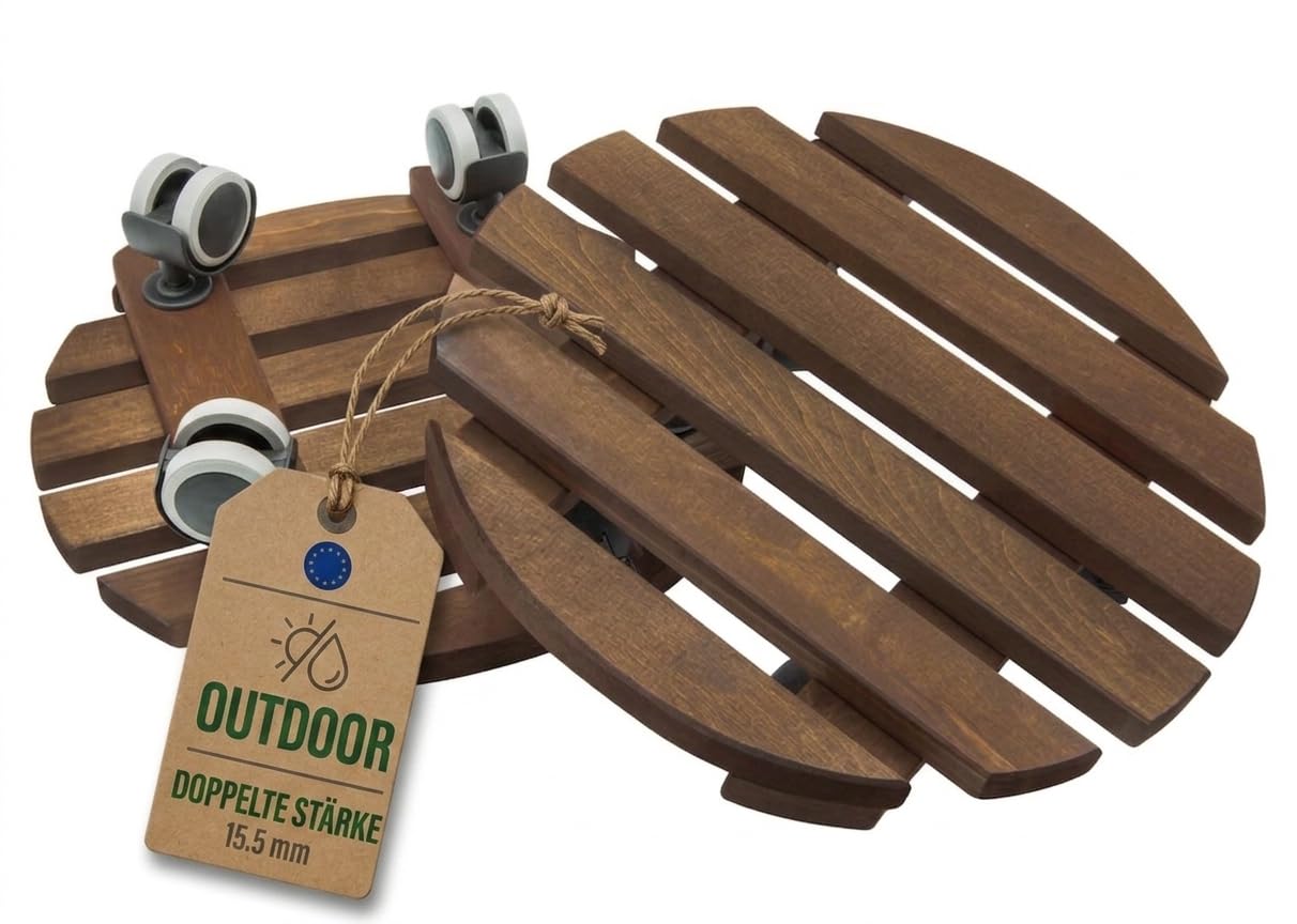 Pflanzenroller Outdoor Rund Ø 30 cm | 2er-Set Blumentopf Untersetzer mit Rollen aus FSC-Erlenholz, bis 100 kg, leise 360° Gummirollen mit Bremse, Rollbrett für Pflanzen Innen & Außen wetterfest