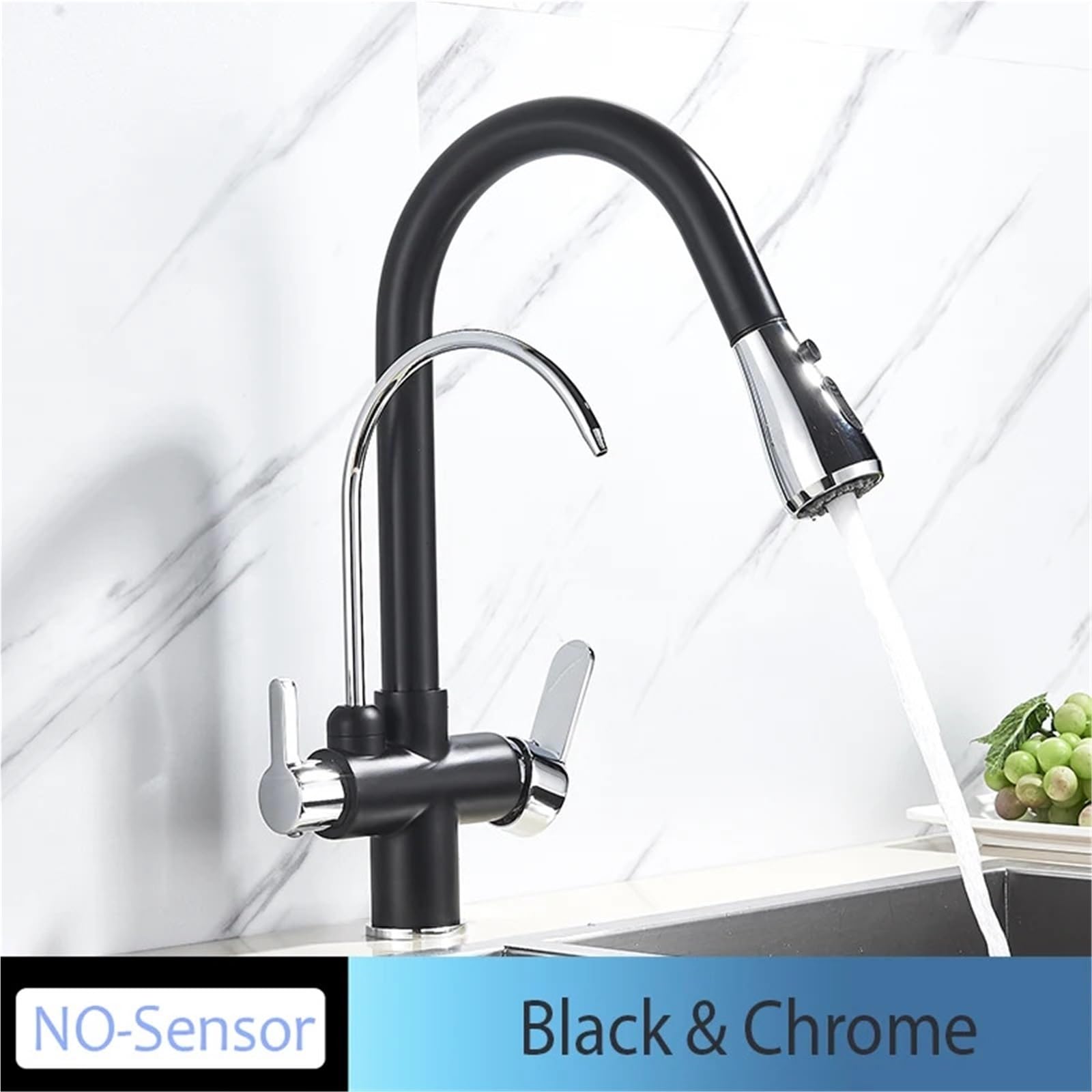 Grifo de Cocina con Sensor táctil Negro, grifos extraíbles for Fregadero, Mezclador frío y Caliente, Grifo de Agua Pura, grifos montados en Cubierta, Doble manija(Black Chrome NO Sen)
