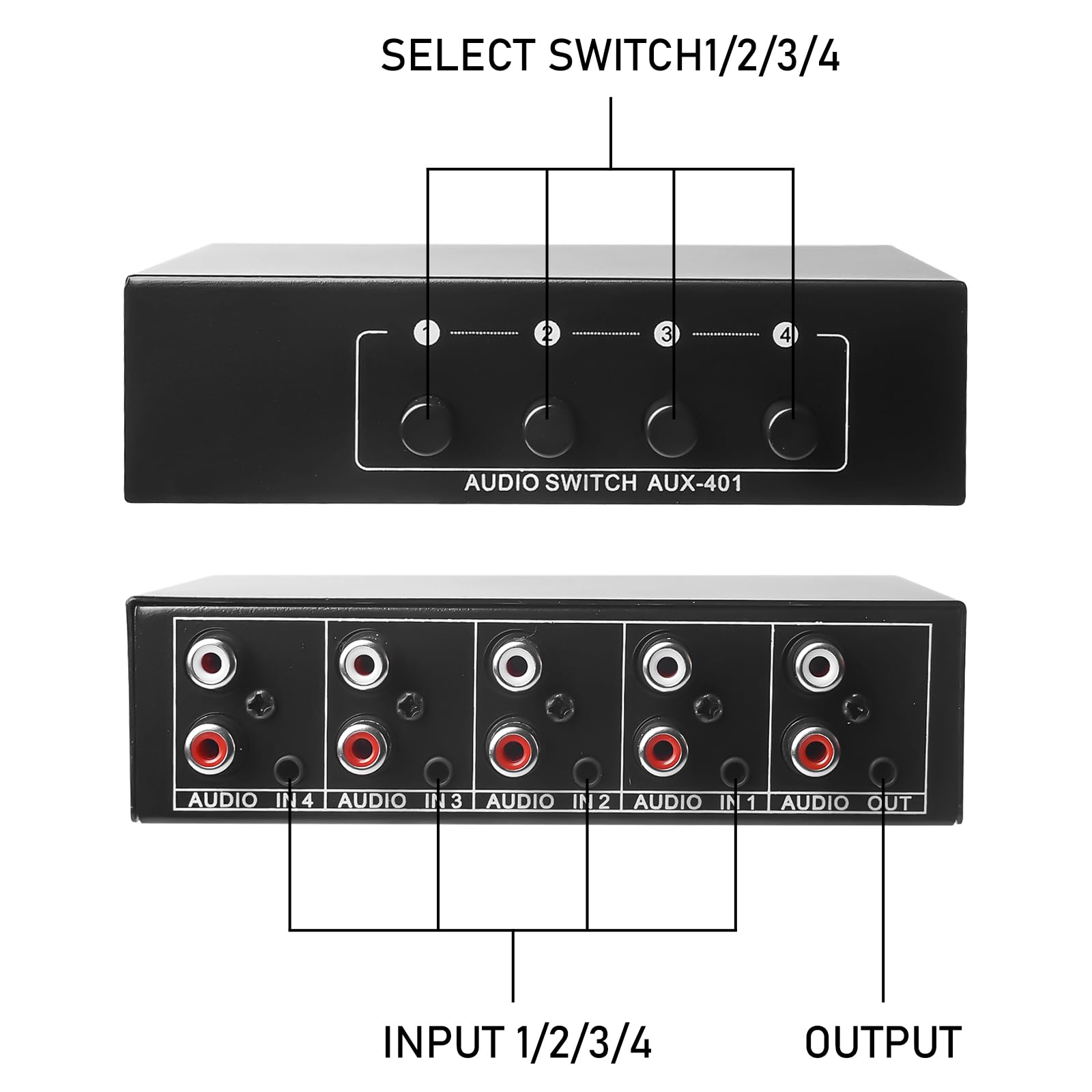 Aicharynic Interruttore Audio 4 in 1 out, Commutatore Audio 3,5 Mm Aux + RCA L/R, Interruttore Audio Bidirezionale, Scatola di Selezione Audio, Splitter Audio Video per Cuffie