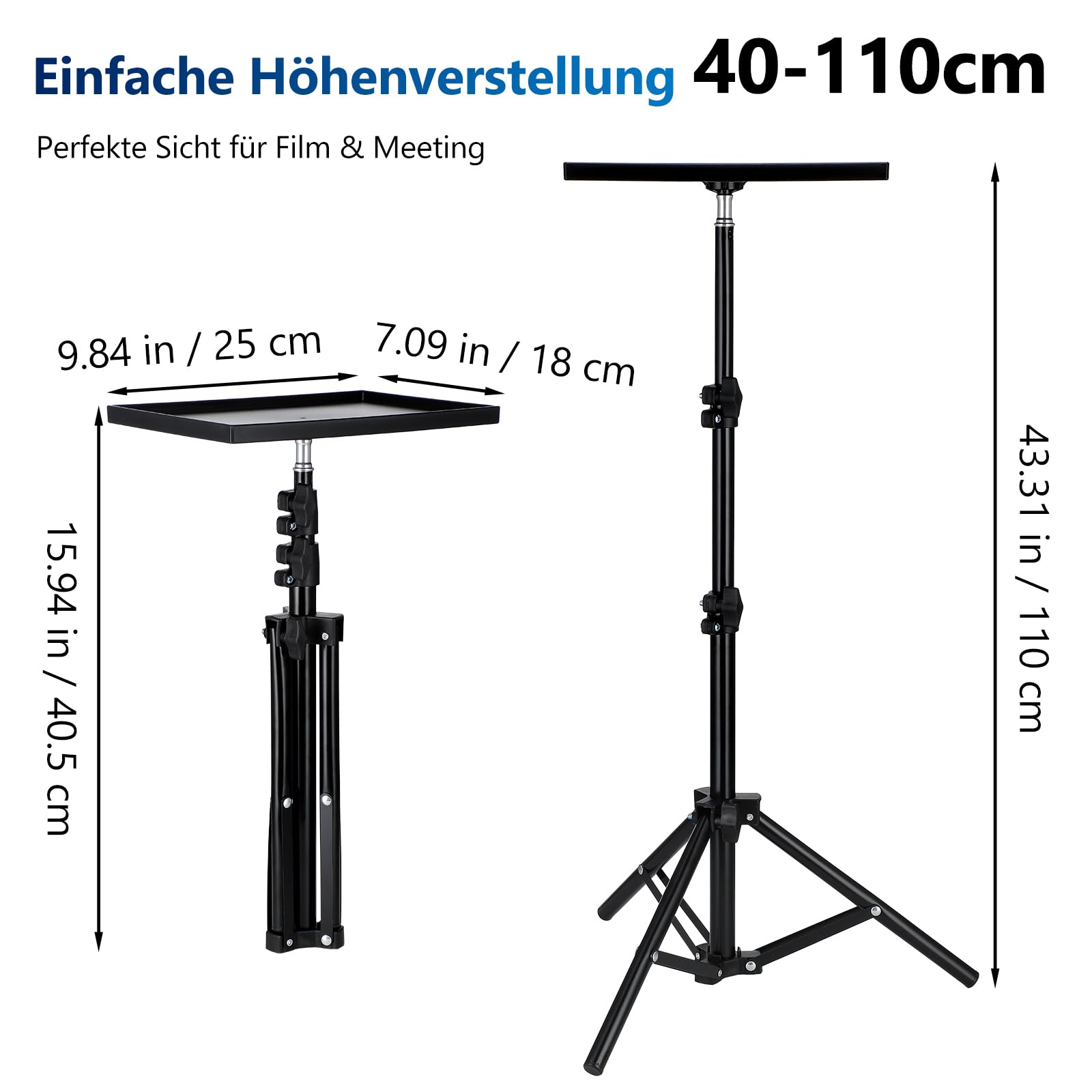 SOIMISS Beamer Ständer, Multifunktionaler Beamer Stativ mit Klappbar, Verstellbarer Höhe Von 40cm Bis 110cm, Projektor Halterung mit Klein Tablett, Laptop Ständer Tragbarer Projektorständer für Kamer
