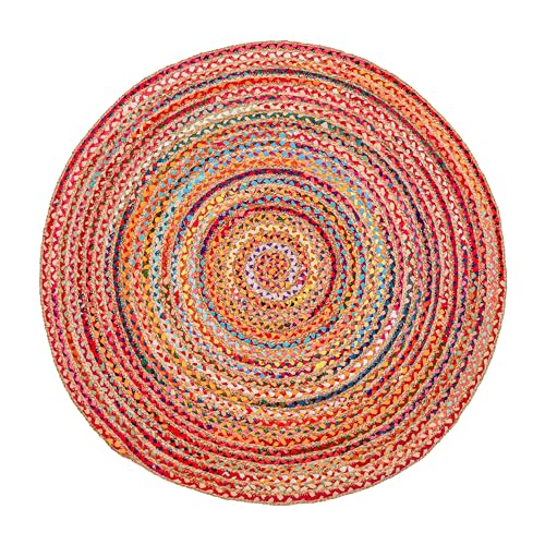 Hausattire Bohemian Braided Rug 5' Round - Multi Color, Rustic Hand Woven Rag Rugs for Kitchen, Kids Bedroom, Living Room | Colorful Farmhouse Pet Friendly Reversible Decorative Carpet