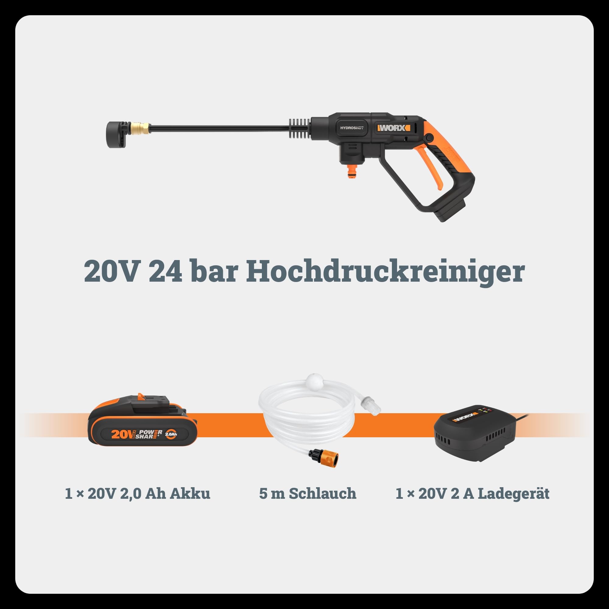 WORX WG621E Akku Hochdruckreiniger 20V, 24 bar, 185 l/h, selbstansaugend, 5 Sprühmodi Dank 5-in-1 Düse, 5m Schlauch (inkl. 2Ah Akku & Ladegerät)