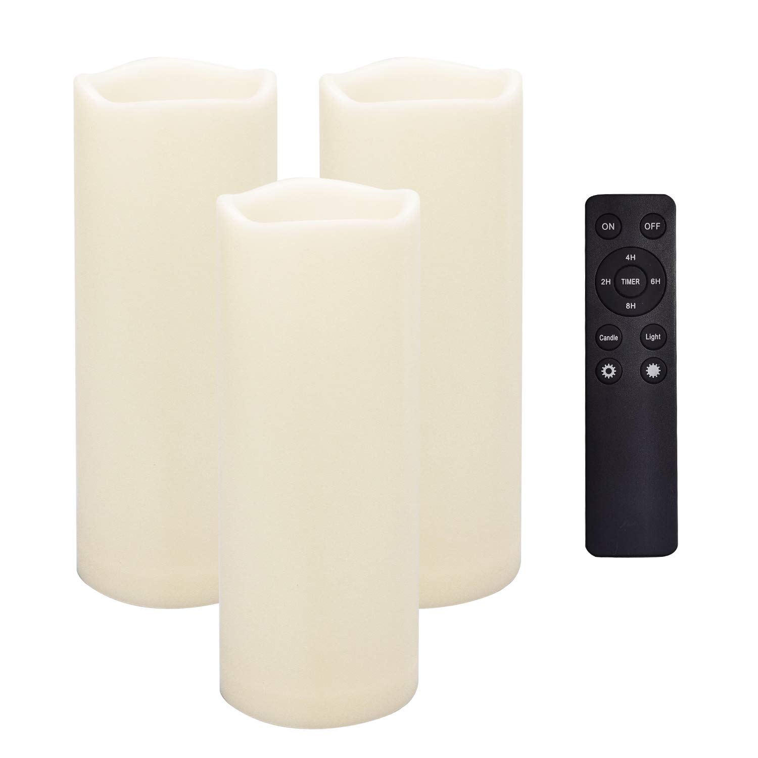 CANDLE CHOICEWaterproof Outdoor Battery Operated Flameless Candles Remote Timer White Tall Plastic Fake Realistic Flickering Electric LED Pillars for Lantern Wedding Christmas Decorations 3”x8” 3PCS