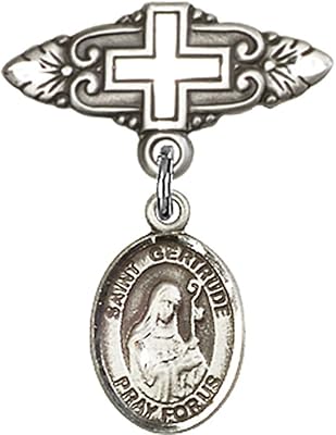Sterling Silver Baby Badge with St. Gertrude of Nivelles Charm and Badge Pin with Cross 1 X 3/4 inches
