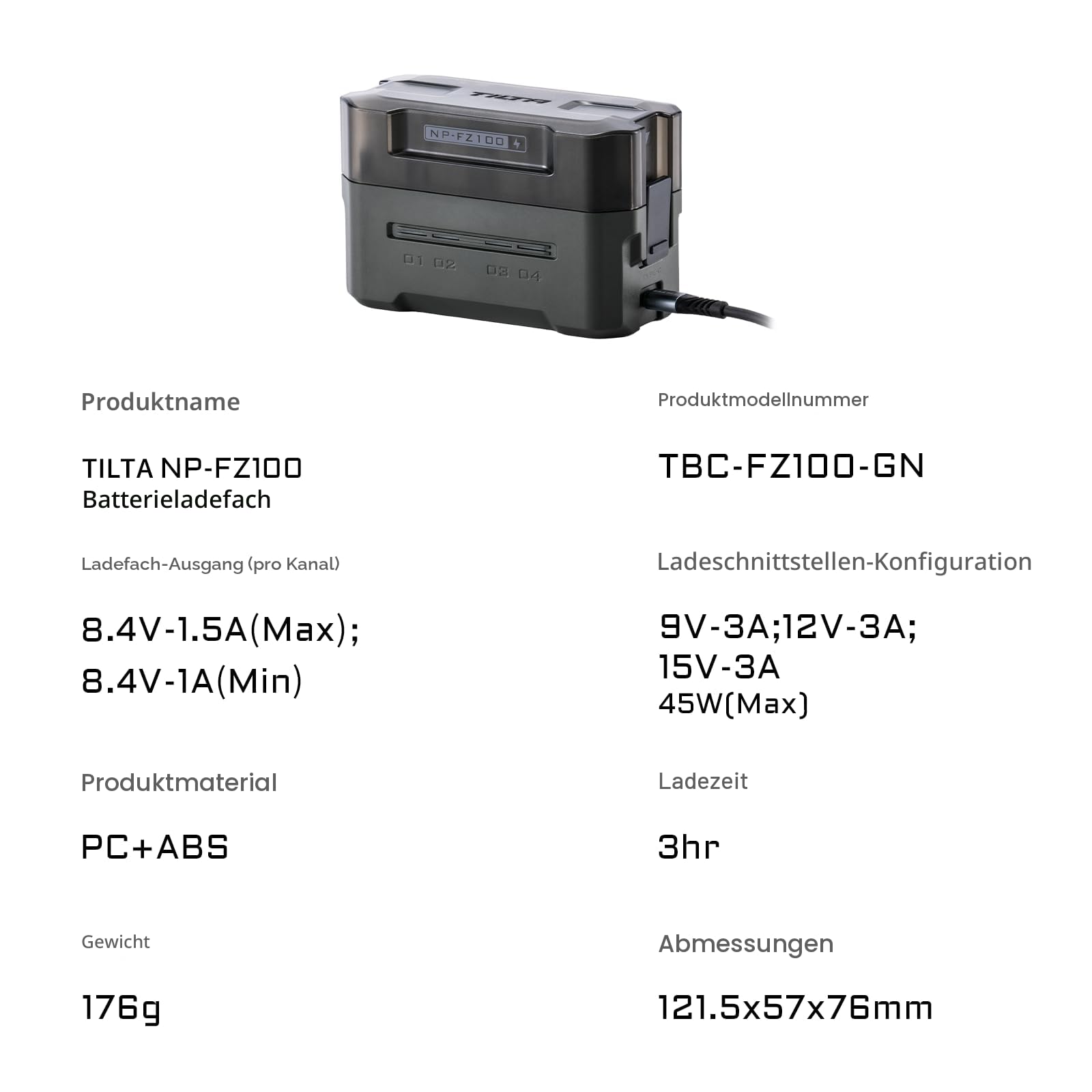 Tilta NP-FZ100 Akku-Ladegerät 4-Kanal-Ladekoffer Kompatibel mit NP-FZ100-Akkus, Ladestation Max. 45 W PD-Schnellladung TBC-FZ100-GN