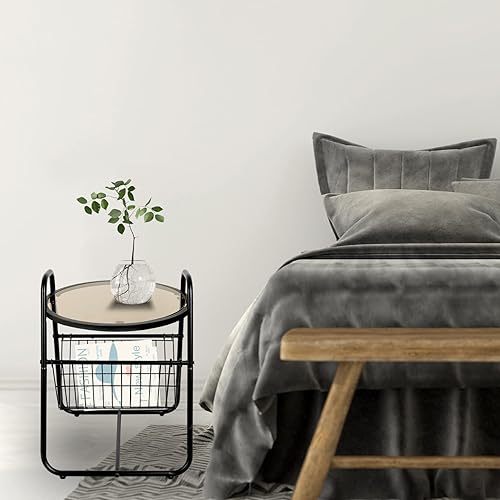 Miniatura 8 de ECOMEX Mesa auxiliar redonda, mesa auxiliar de metal con soporte para revistas para soporte de tocadiscos, mesa auxiliar pequeña para dormitorio,