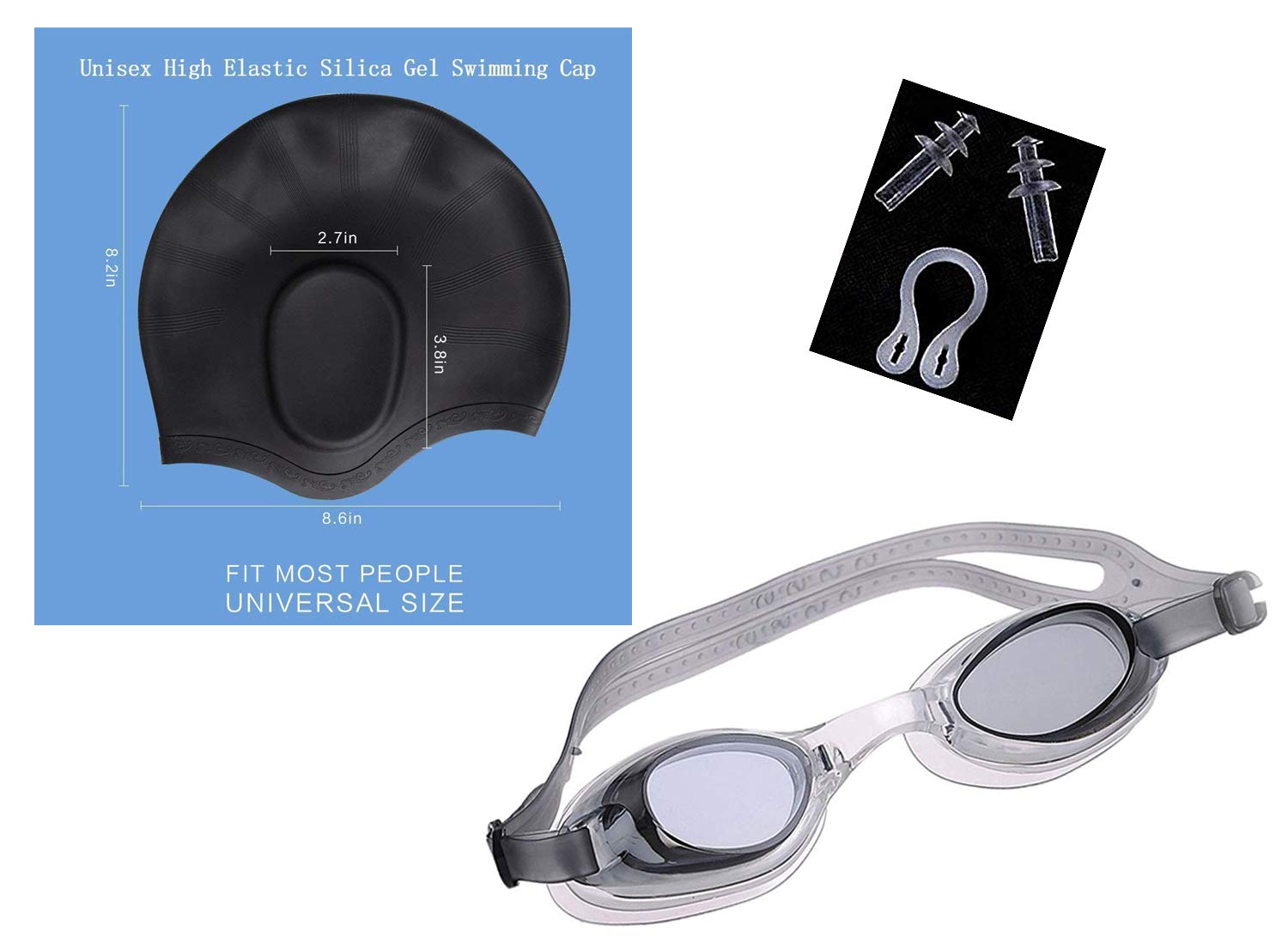 SLYK Swimming Kit with Ear Protection Silicone Swimming Cap + Goggle + Basic Nose Clip and 2 Pair Ear Plugs (Black) (B07BH7HN8T) Amazon Price History, Amazon Price Tracker