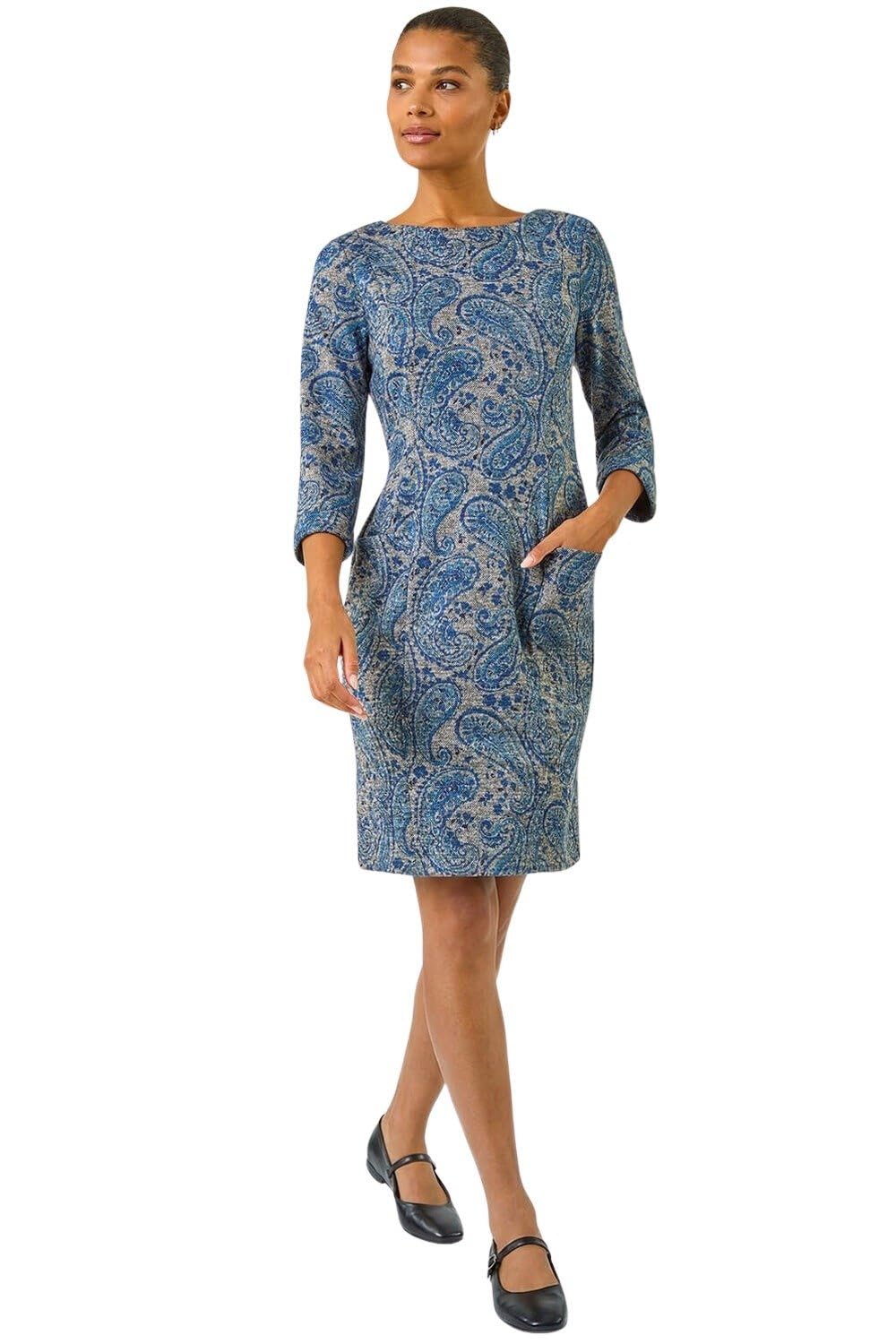Roman Women's Blue Paisley Print Pocket Shift Stretch Dress Size 20