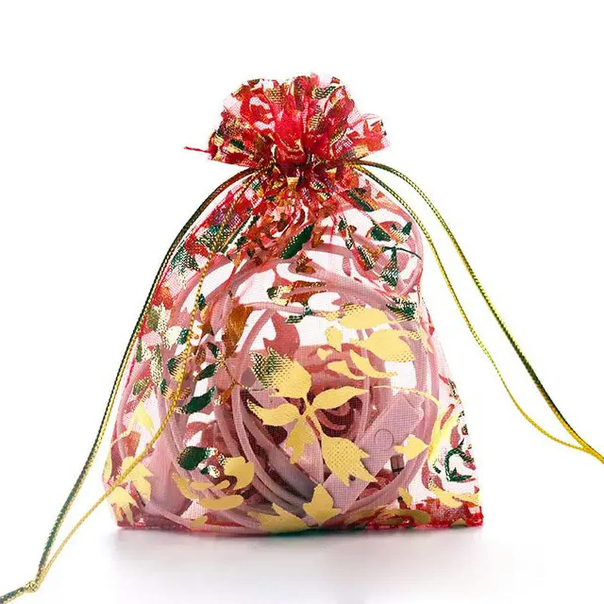 Bolsas para Caramelos, Bolsa de Organza con cordón Transparente, Color Dorado y Rosa, for joyería, Boda, Fiesta, Embalaje Cuentas, 25 Unidades(Red,1 Count (Pack of 1))