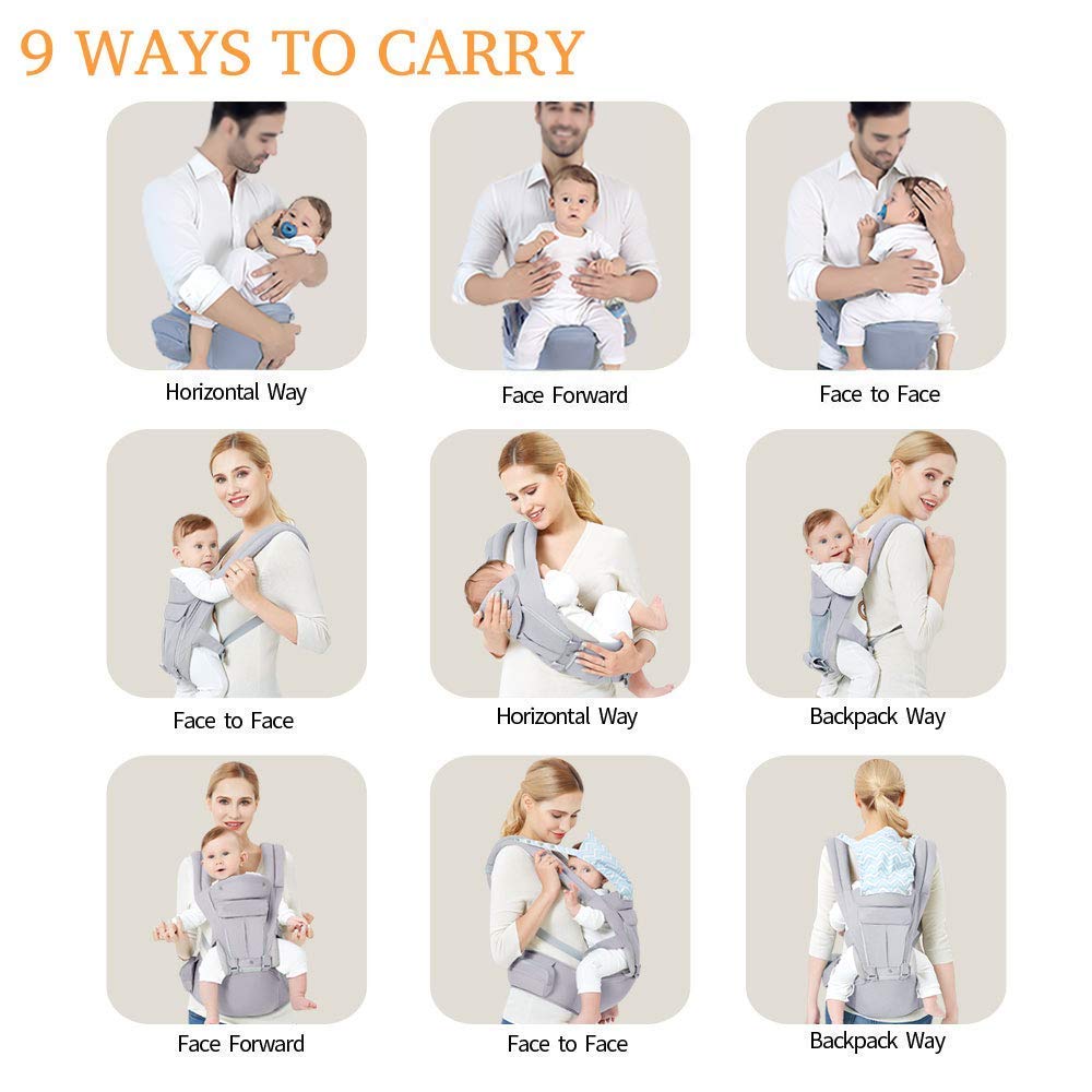 Viedouce Marsupio Neonati Ergonomico con Sedile/Puro cotone Leggero e Traspirante/Multiposizione:Dorsale, Ventrale,Regolabile ad Neonato e Bambino da 3 a 48 Mese (3,5 a 20 Kg)