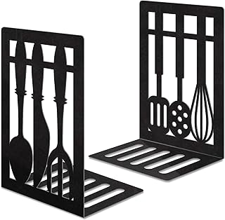 Book Ends,Metal Bookend,Bookend Decorative Heavy Book Ends for Shelves, Home Decorative Bookends for Heavy Books,Non-Skid Black Book Holder for Kitchen Housewarming Cooking Lover Gifts