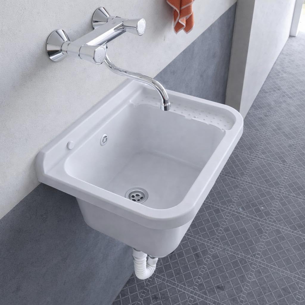 Évier mural/poste d’eau utilitaire 50 cm en polypropylène blanc – Bonde inox + trop-plein – Cuve 37x27x21 cm – Intérieur/extérieur