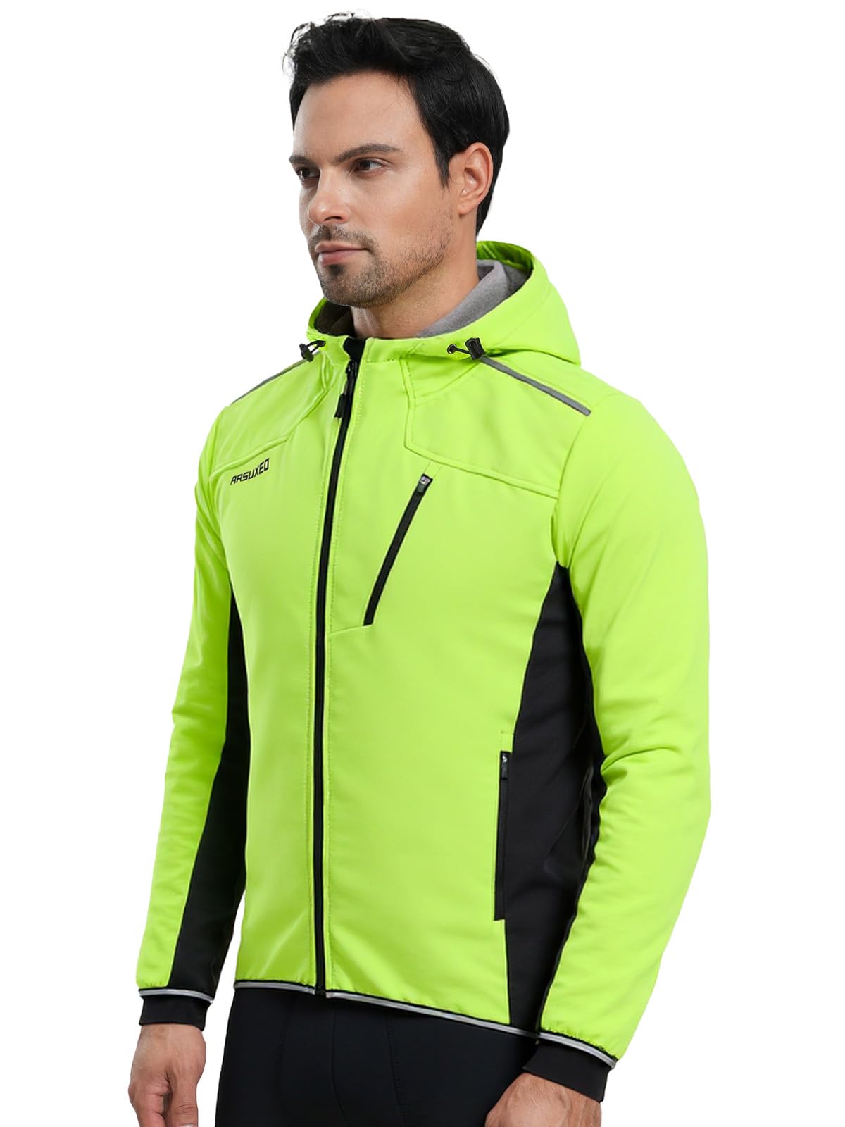 ARSUXEO Giacca da ciclismo invernale da uomo con cappuccio a vento da mountain bike 3 tasche con cerniera per golf, escursionismo, corsa e attività all'aperto 24F