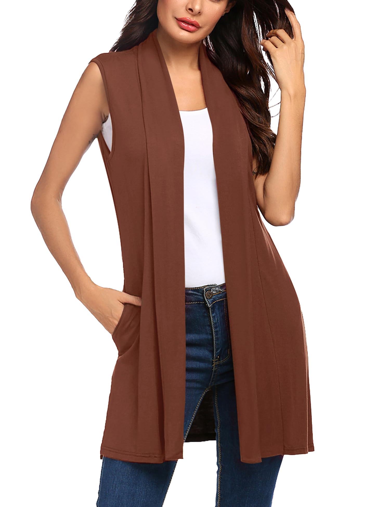 Beyove Womens Long Vests Sleeveless Draped Lightweight Open Front Cardigan Layering Vest with Side Pockets