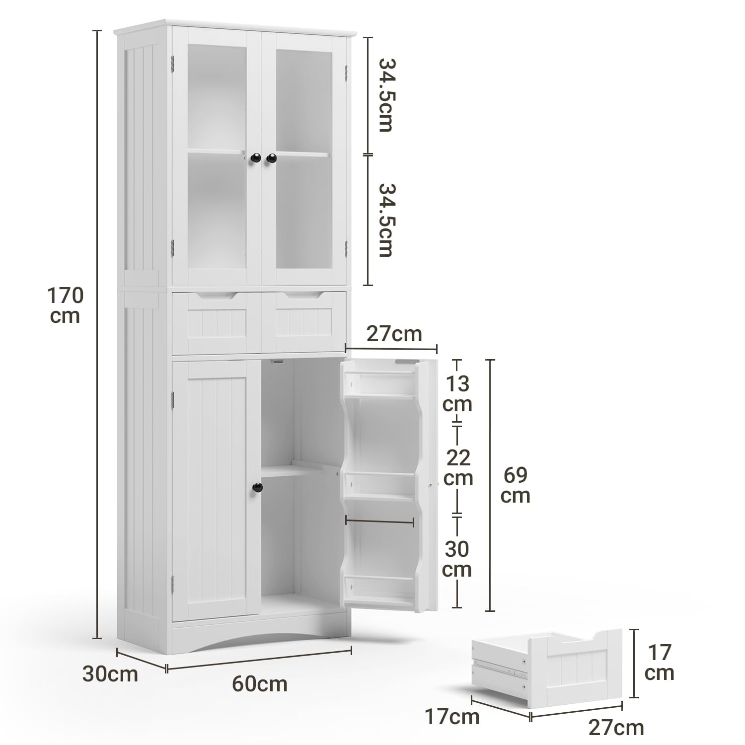 Xbro Armario Alto de Cocina, 170 x 30 x 60cm, Mueble Cocina Alto 4 Puertas y 2 Cajones, Armario de Vitrina con Estantes Laterales, Salón y Comedor (Blanco)