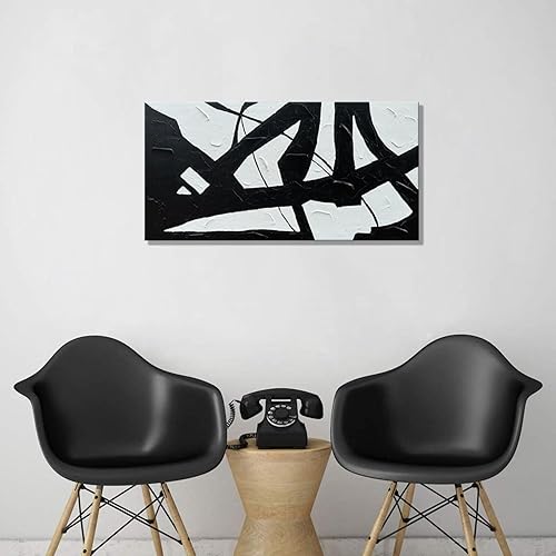 Miniatura 6 de zoinart Lienzo pintado a mano en blanco y negro, 48 x 24 pulgadas, pinturas al óleo modernas, abstractas y modernas, arte de pared con textura