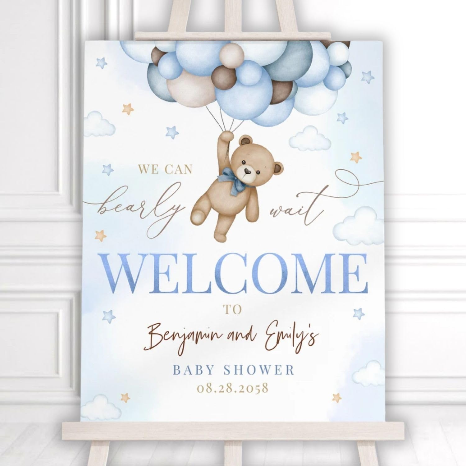 Personalized Teddy Bear Baby Shower Welcome Sign, Blue Pampas Balloons We Can Bearly Wait Boy Baby Sign, 12" X 18" (Small), 27" (Medium), 36" (Large), Plastic, Modern, Pole Mount, Weather#9