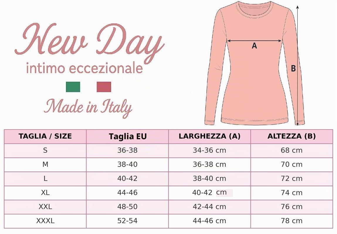 Made in Italy - Camicia 3 Underwear in Caldo Cotone con Maniche Lunghe per Donna con Pizzo macramè o Sateen Neckline, Lacy/Nero, M