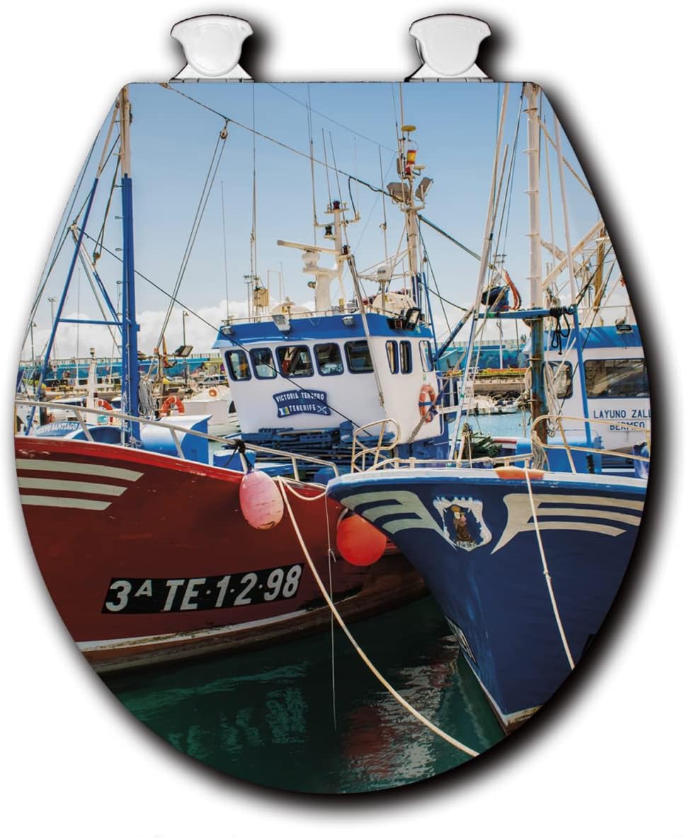 House & Homebody Co. Round Toilet Seat, White with Coastal Image (Docking)