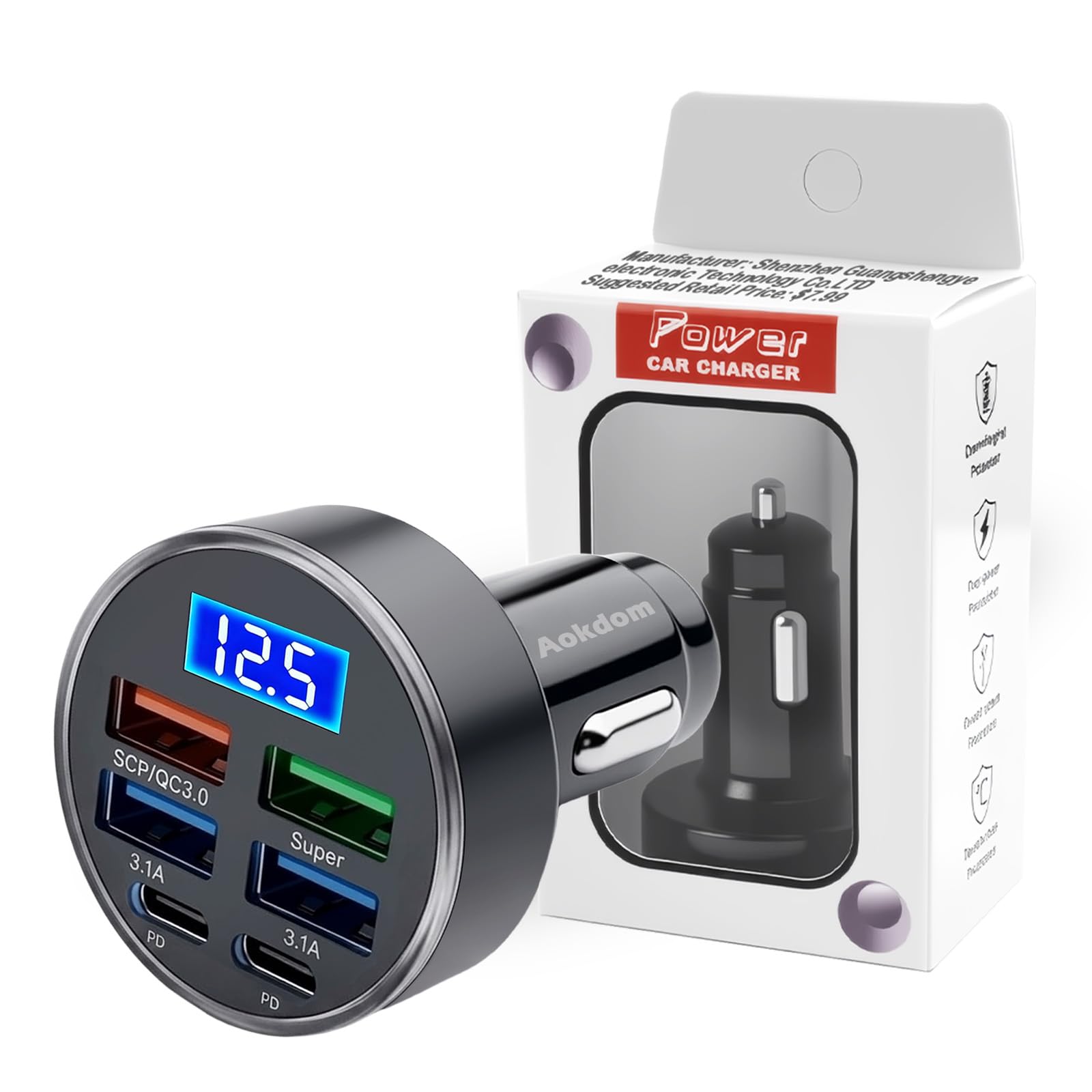 6 Ports Fast Car Charger with Voltage Monitor,Car Cigarette Lighter USB Charger (PD+QC3.0) Compatible with iphone13/14/15 & Most Android Models,Car Must Haves USB C Car Charger (1PCS)