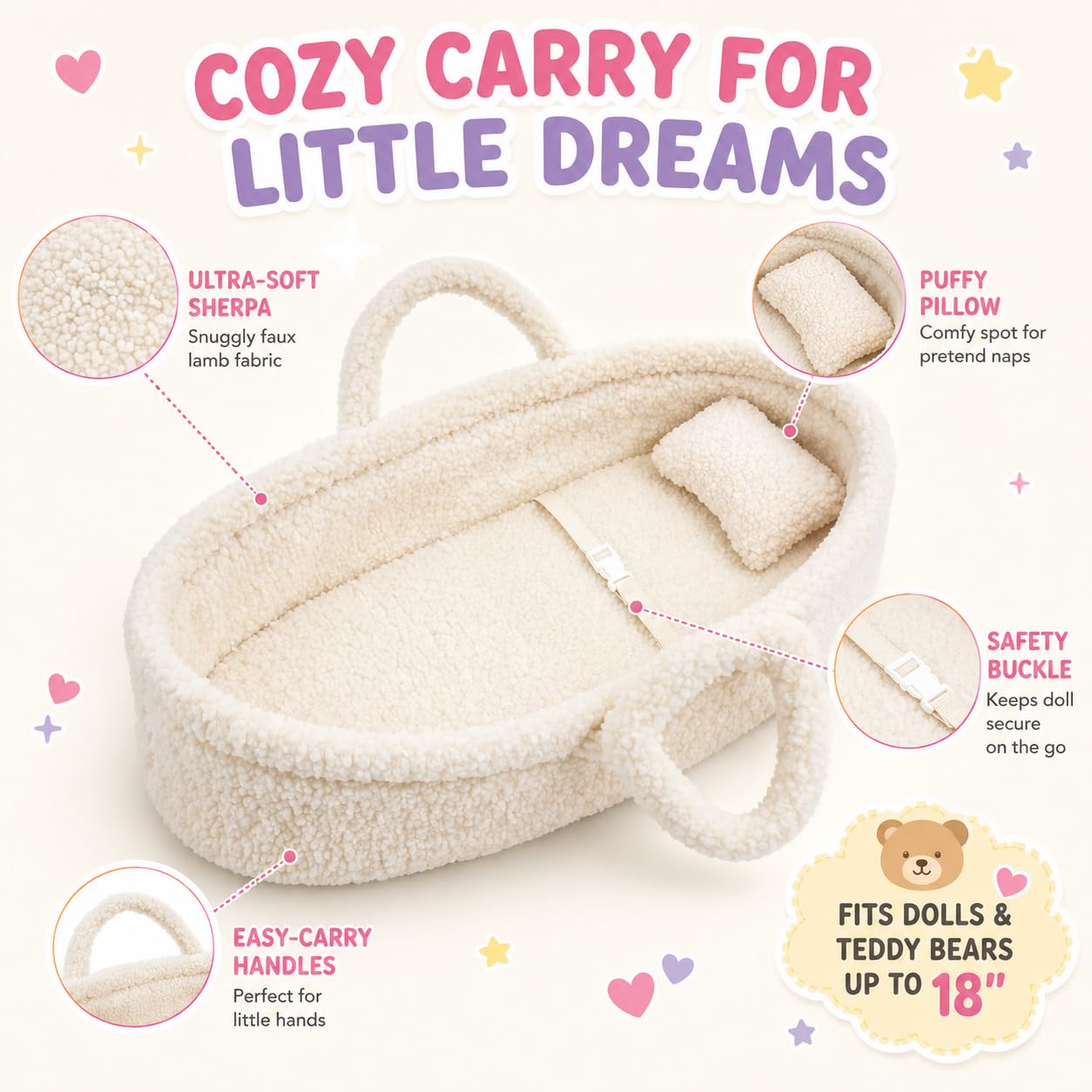 Lit de Rêve Doux pour Poupée - Porte-Poupée Portable - Convient aux Poupées American Girl ou Oursons jusqu'à 46 cm - Blanc