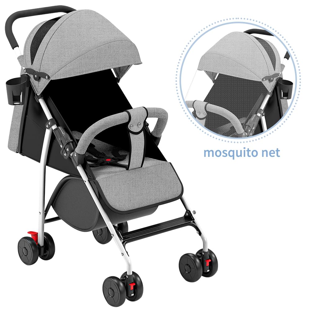 cochecito compacto de caña de 0 a 4 años (30 kg máx.), ligero (4,10 kg), cochecito de caña bebe confort,plegable compacto e inclinable, con algodón, portavasos, parasol(Gris)