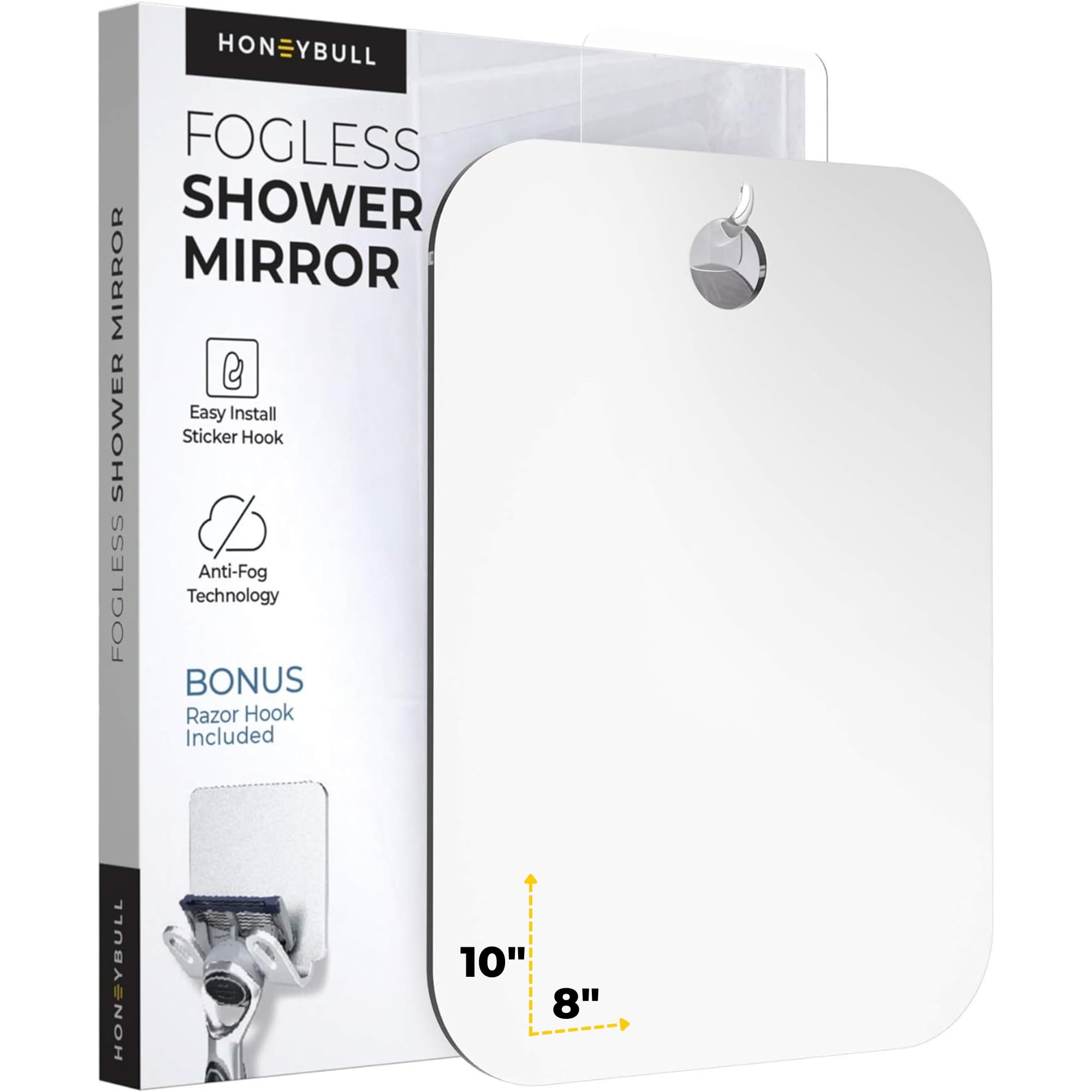 HONEYBULL Fogless Flat Shaving Mirror for Shower, Stick-On Bathroom Mirror, Clear Reflection, Ideal for Shaving, Makeup, and Skincare Routine (Large)