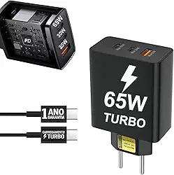 Carregador Super Turbo 65W 3 Entradas Compatível Com Samsung Galaxy Motorola Xioami iPhone 17 16 15 Pro Universal Moto G Edge S25 S24 Realme Celular Android iOS Tablets iPad USB Tipo C Rápido 10CLICK®