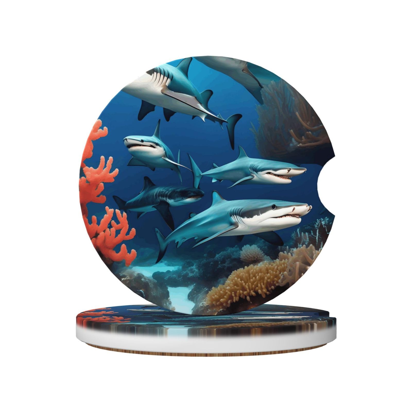 2-Piece Car Cup Holder Coaster Set Submarine Shark Coral Printed Ceramic Coaster Set Car Interior Accessories