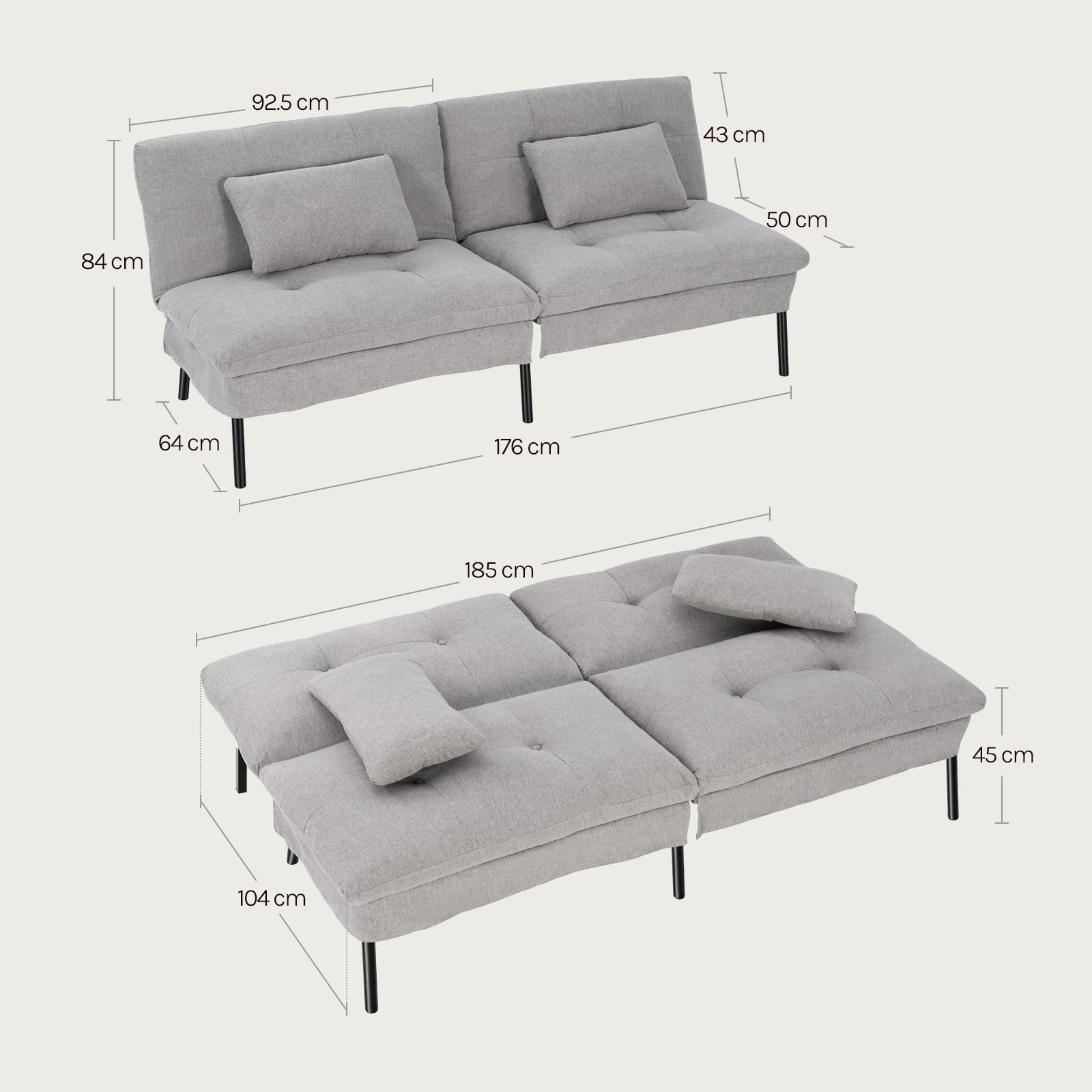 WOLTU Sofá Cama de 2 Plazas con 2 Cojines, Respaldo Ajustable, Gris Claro | Sofá Cama con Patas Antideslizantes, Estructura Metálico + Lino Sintético Transpirable, para Salón, Dormitorio, Estudio