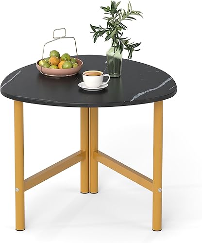 Miniatura 9 de Giantex Mesa auxiliar triangular, mesa auxiliar de madera con patas de metal, mesas decorativas para sofá, mesa de centro pequeña para sala de