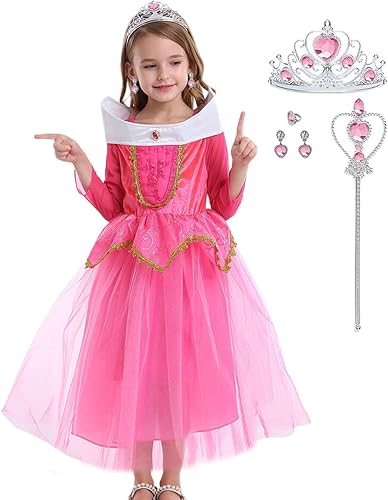 Miniatura 1 de iTVTi Disfraz de princesa para niñas, disfraz de fiesta de Halloween con varita de corona, aretes, anillo rosa