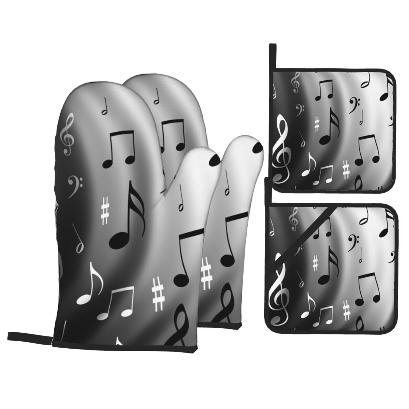 Music Notes Print Print Stylish Heat-Resistant Oven 4-Piece Set Kitchen Gloves Roasting Daily Cooking