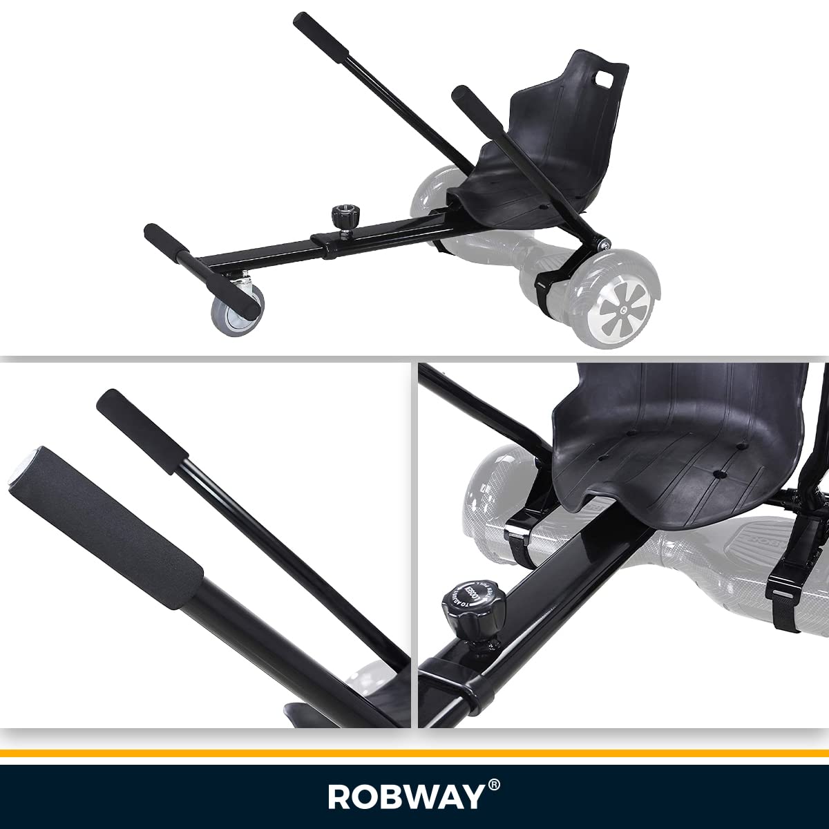 Robway Hoverkart | 𝐃𝐀𝐒 𝐎𝐑𝐈𝐆𝐈𝐍𝐀𝐋 ® - W1 W2 W3 & universal für 6,5" / 8" / 10" Boards - Hoverboard Sitz - Hoverseat - Hovercart Sitz - Gummibereifung - Kinder & Erwachsene (Schwarz)