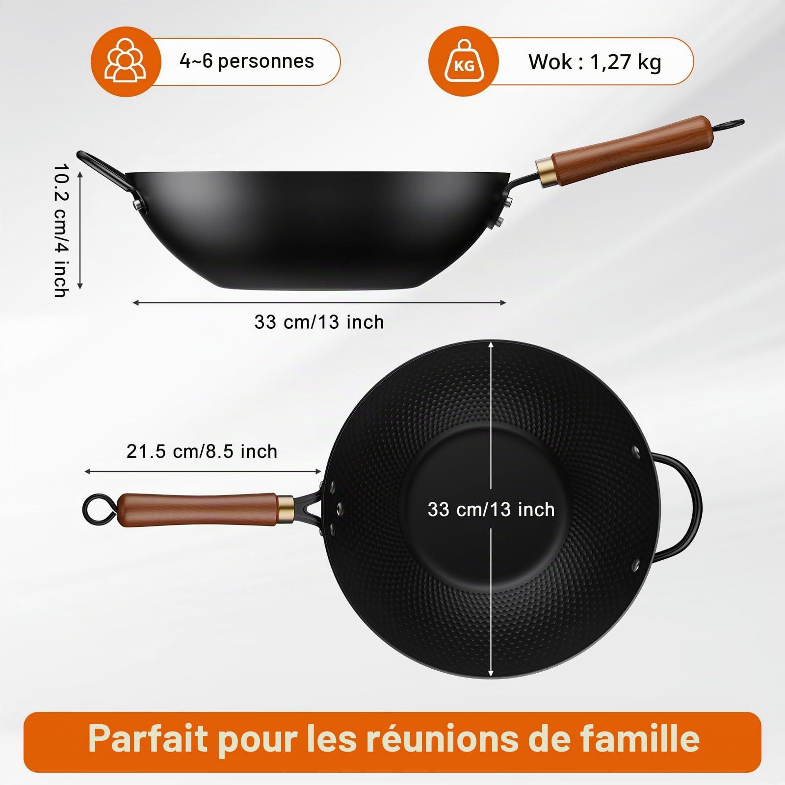 Jobin Wok Antiadhésif 33 cm, Pré-assaisonné wok Induction avec Poignée Auxiliaire en Bois et Acier, Sans Revêtement Chimique, Wok Pour Induction, Plaques Électriques, Gaz