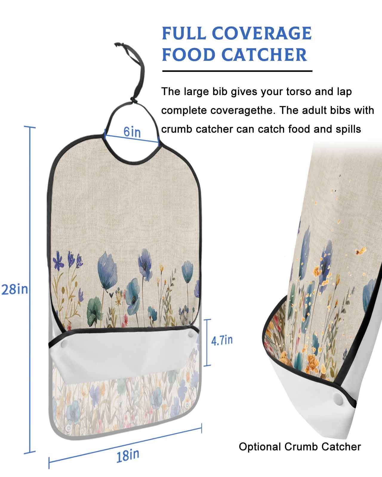 LEOKOTI Blue Teal Spring Floral Adult Bibs for Eating, Waterproof Bibs with Food Catcher & Snap Closure, Watercolor Botanical Summer Flowers Washable Clothing Protectors Adult Bibs for Elderly