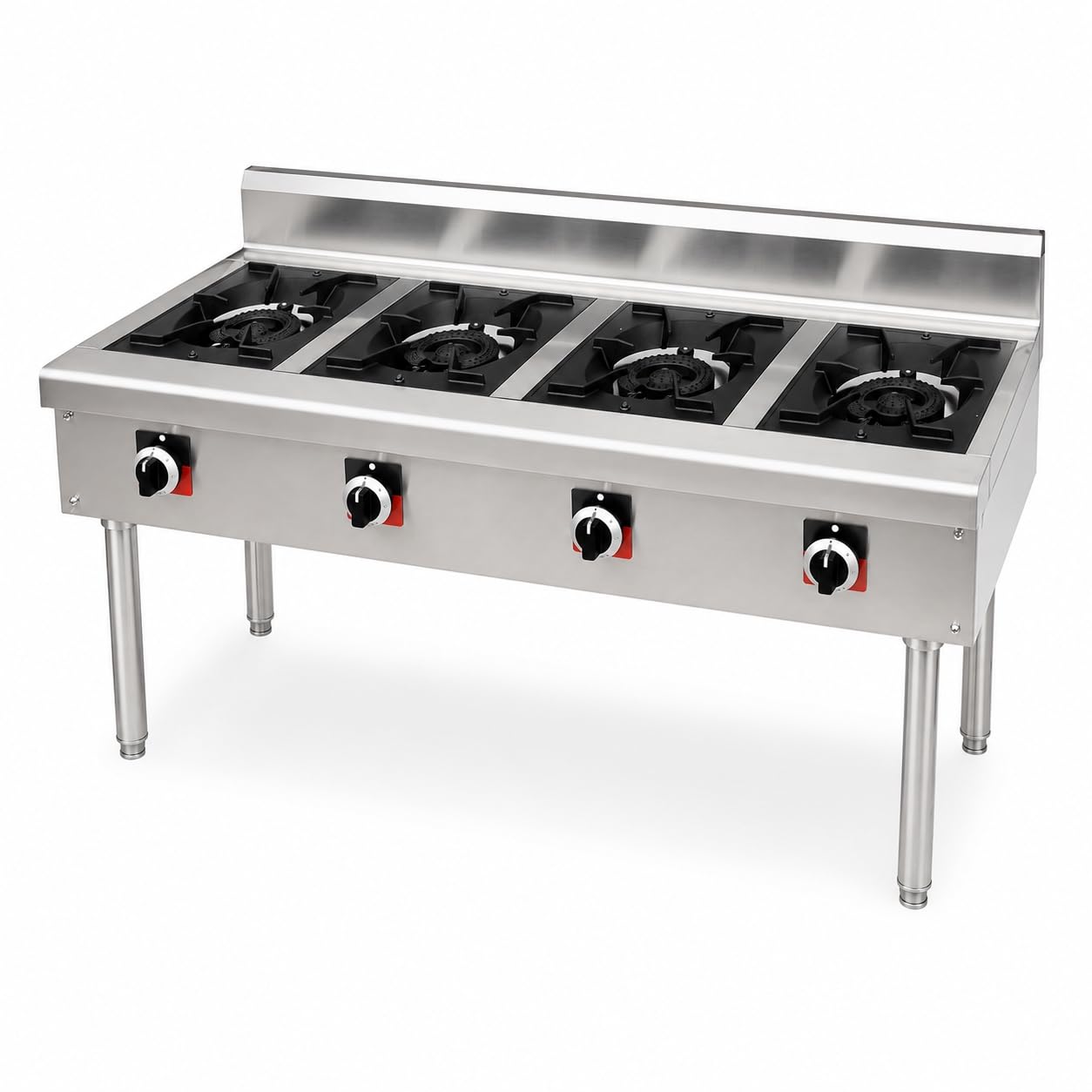 GrecoShop Fornello Professionale a Gas 4 Fuochi in Acciaio Inox con Supporto regolabile in Altezza–Cucina Industriale per Ristoranti, Pizzerie e Catering, Bruciatori, Struttura Professionale