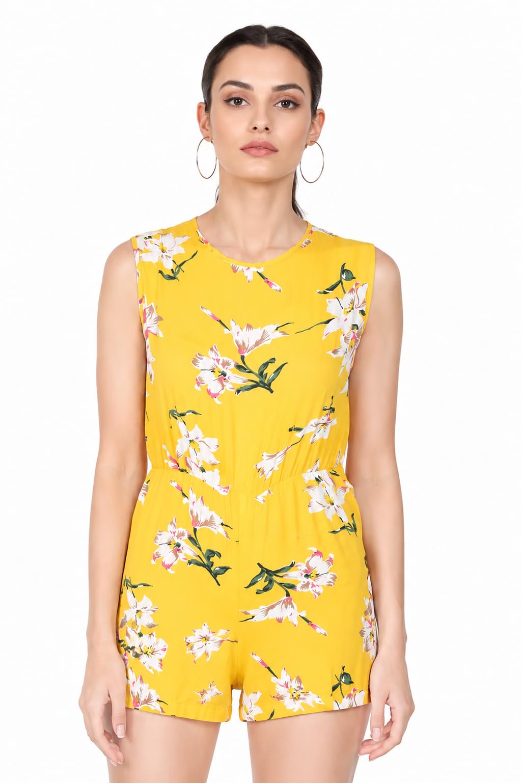 Women's Yellow Floral Print Sleeveless Short Romper Playsuit-image-5