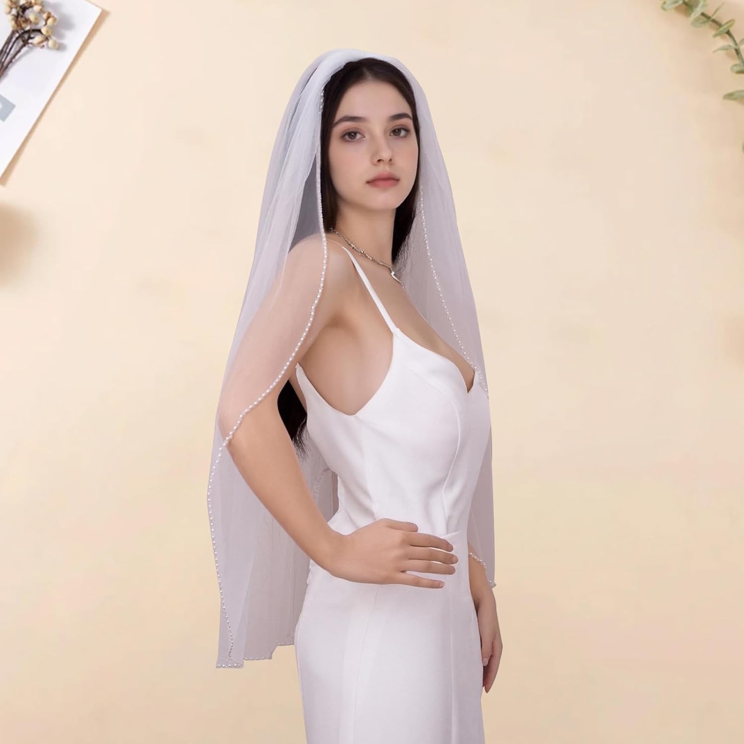 Bridal Veil Pearl Beaded Edge Fingertip Length Wedding Veil for Women - Image 7