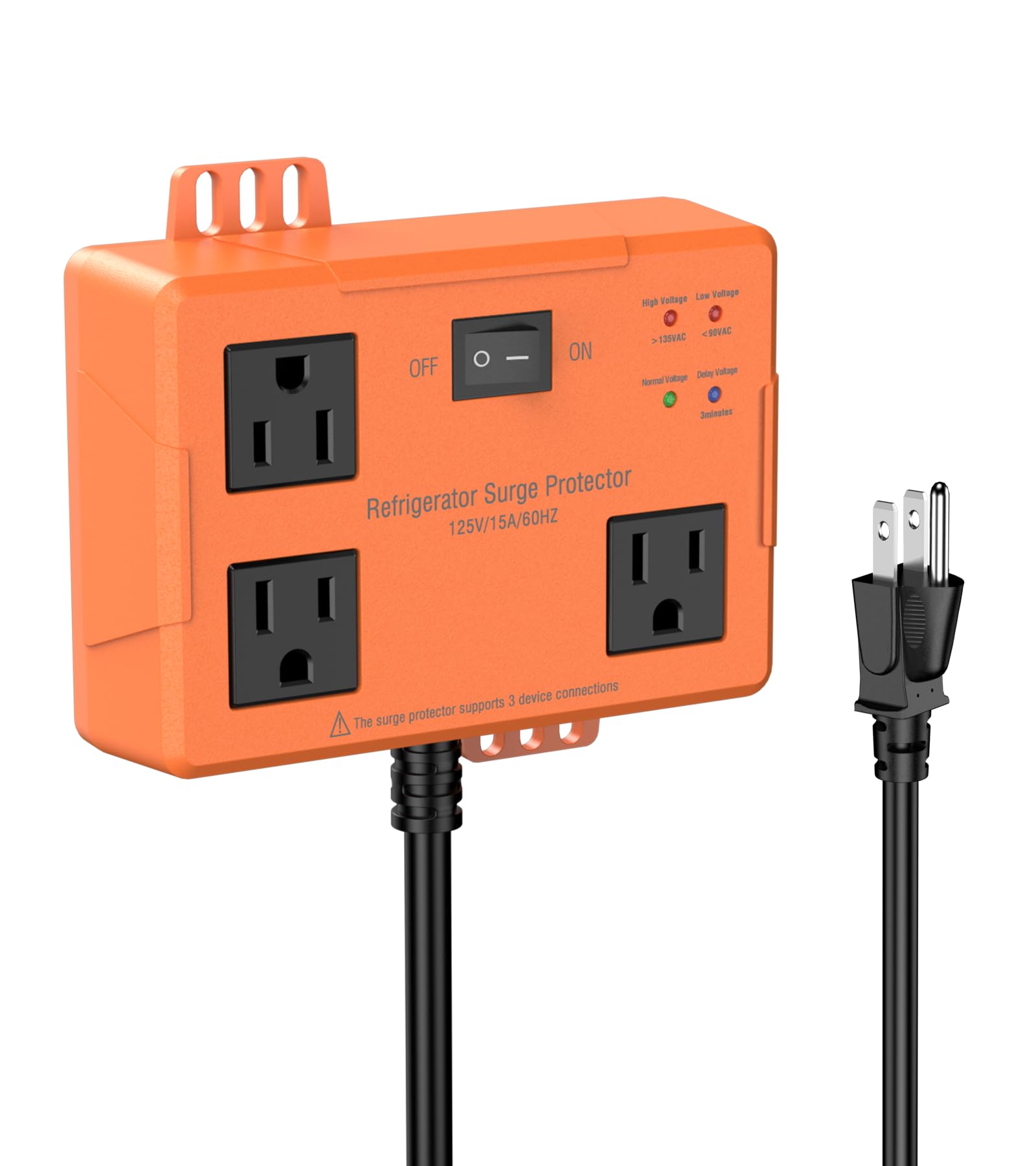 3 Outlet Refrigerator Surge Protector with Time Delay, Voltage Protector for Home Appliances, Protects Against Brownout, Spike, Instant Surge All Voltage Abnormalities, 14 AWG Power Cord (2FT)