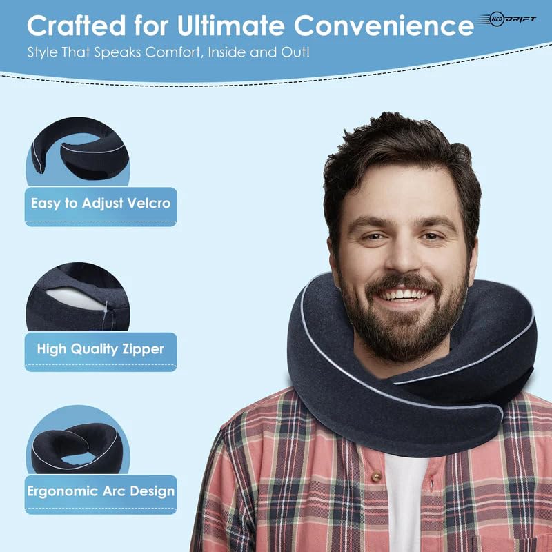Image of Neodrift 'TravelNeck 360' (Set of 1) | (Color - Black) Travel Neck Pillow with Memory Foam Head Support for Airplane, Car, Train, Bus, and Home Use Ultimate Comfort Velvet Cushion Travel Pillow