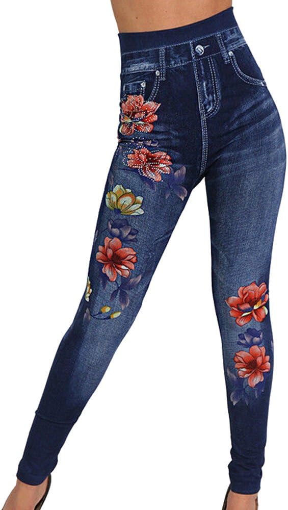 Decha Sommer Denim Skinny Pants Floral Print Leggings High Waist Distressed Jeans Pencil Trousers Slim