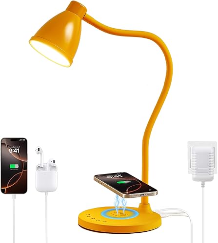 BOHON Lámpara de escritorio LED con puertos de carga USB C+A, cargador inalámbrico, 5 colores de atenuación continua, luz de lectura táctil, lámpara