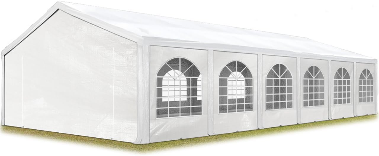 Fully assembled TOOLPORT 6x12m reception tent in a garden setting